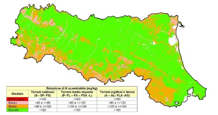 Figura 3: Dotazione di Potassio scambiabile nei suoli regionali sulla base degli schemi dei Disciplinari di Lotta Integrata (2023)