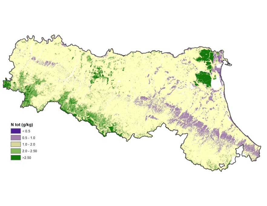 Carta del contenuto di Azoto (g/kg) nei suoli dell’Emilia-Romagna (2023)
