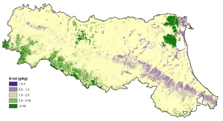 Figura 1: Carta del contenuto di Azoto (g/kg) nei suoli dell’Emilia-Romagna (2023)