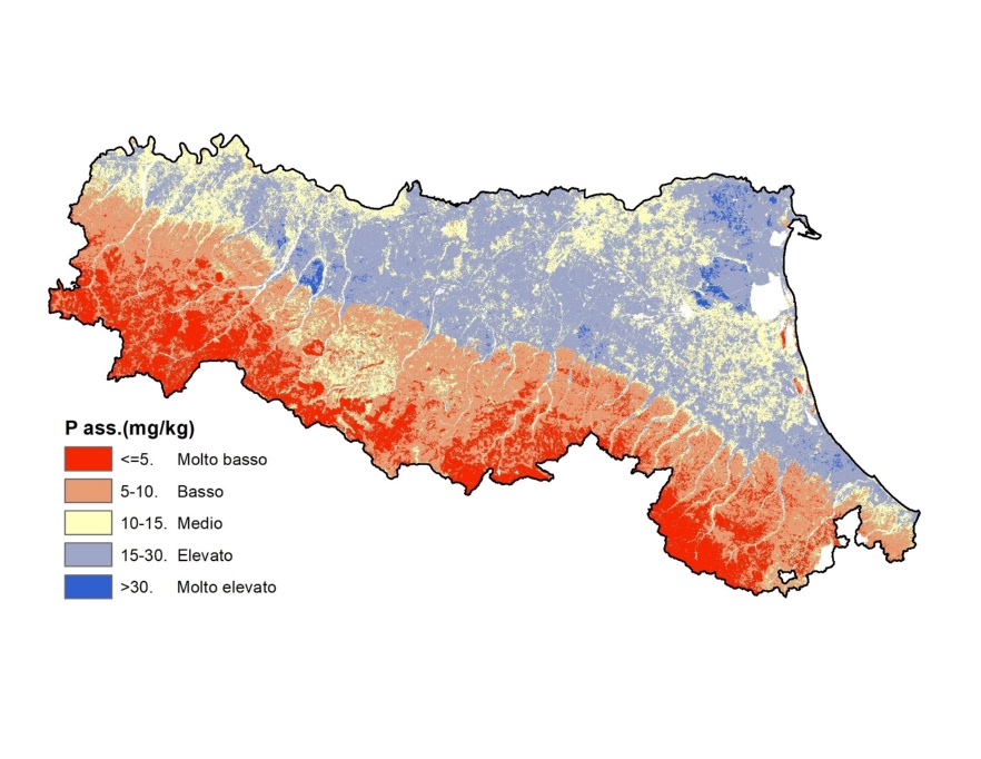 Carta del contenuto di Fosforo (mg/kg) nei suoli dell’Emilia-Romagna (2023)