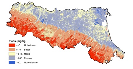 Figura 4: Carta del contenuto di Fosforo (mg/kg) nei suoli dell’Emilia-Romagna (2023)