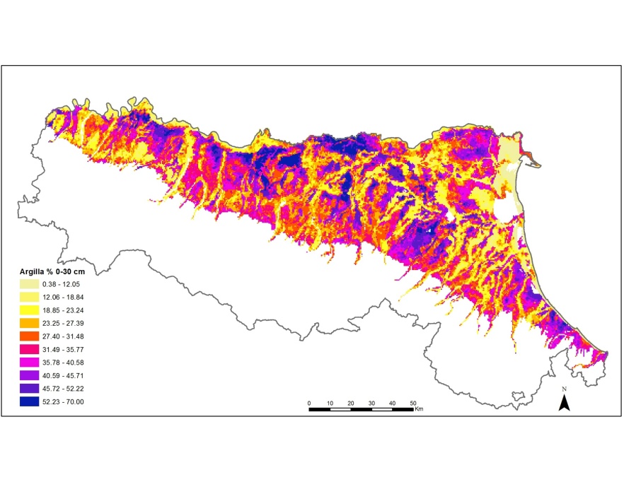 Distribuzione geografica del contenuto di argilla nell'orizzonte superficiale (0-30 cm) dei suoli della pianura emiliano-romagnola (2015)