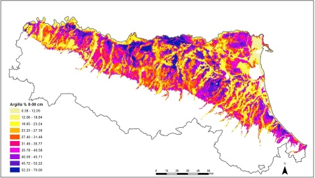 Figura 2: Distribuzione geografica del contenuto di argilla nell'orizzonte superficiale (0-30 cm) dei suoli della pianura emiliano-romagnola (2015)