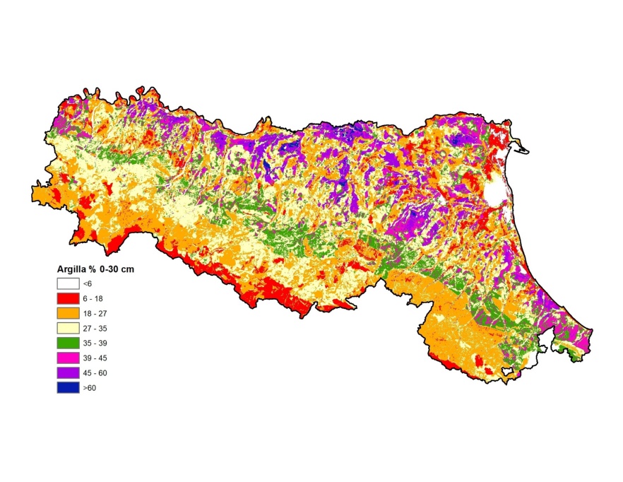 Distribuzione geografica del contenuto di argilla nell'orizzonte superficiale (0-30 cm) dei suoli della pianura emiliano-romagnola (2023)