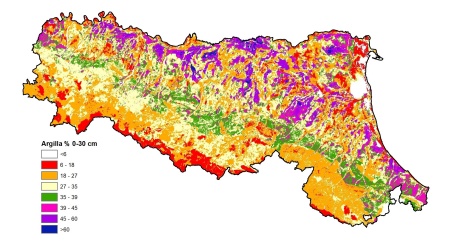 Figura 2: Distribuzione geografica del contenuto di argilla nell'orizzonte superficiale (0-30 cm) dei suoli della pianura emiliano-romagnola (2023)