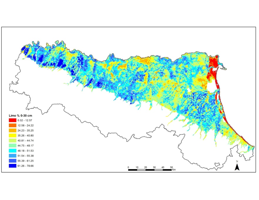 Distribuzione geografica del contenuto di limo nell'orizzonte superficiale (0-30 cm) dei suoli della pianura emiliano-romagnola (2015)