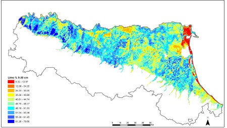 Figura 4: Distribuzione geografica del contenuto di limo nell'orizzonte superficiale (0-30 cm) dei suoli della pianura emiliano-romagnola (2015)