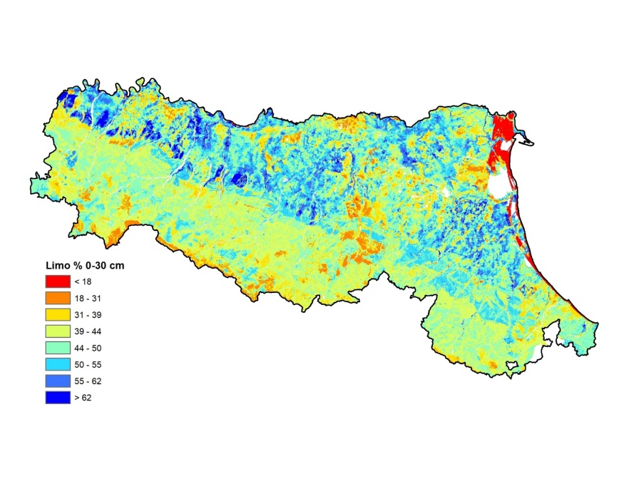 Distribuzione geografica del contenuto di limo nell'orizzonte superficiale (0-30 cm) dei suoli della pianura emiliano-romagnola (2023)