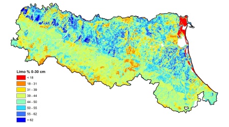 Figura 4: Distribuzione geografica del contenuto di limo nell'orizzonte superficiale (0-30 cm) dei suoli della pianura emiliano-romagnola (2023)