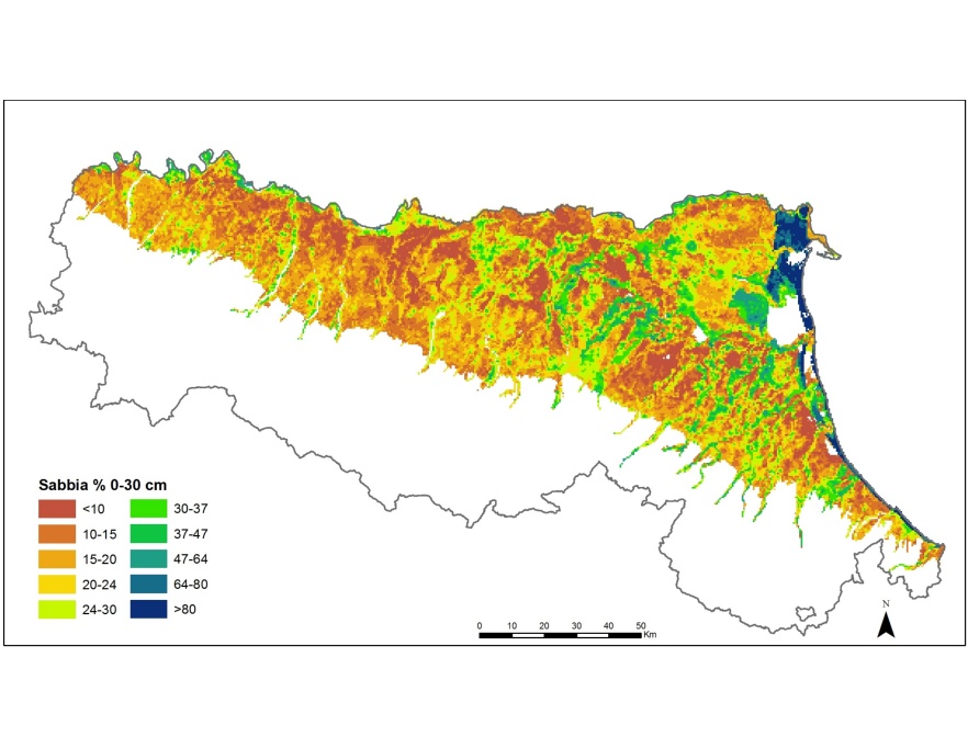 Distribuzione geografica del contenuto di sabbia nell'orizzonte superficiale (0-30 cm) dei suoli della pianura emiliano-romagnola (2015)