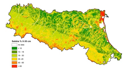 Figura 3: Distribuzione geografica del contenuto di sabbia nell'orizzonte superficiale (0-30 cm) dei suoli della pianura emiliano-romagnola (2023)