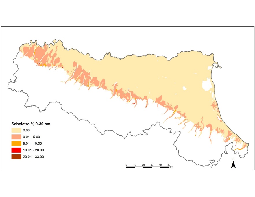 Distribuzione geografica del contenuto di scheletro nell'orizzonte superficiale (0-30 cm) dei suoli della pianura emiliano-romagnola (2015)