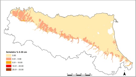 Figura 5: Distribuzione geografica del contenuto di scheletro nell'orizzonte superficiale (0-30 cm) dei suoli della pianura emiliano-romagnola (2015)