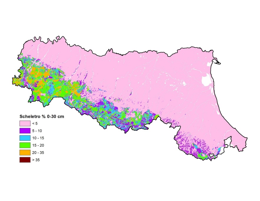 Distribuzione geografica del contenuto di scheletro nell'orizzonte superficiale (0-30 cm) dei suoli della pianura emiliano-romagnola (2023)