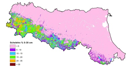 Figura 5: Distribuzione geografica del contenuto di scheletro nell'orizzonte superficiale (0-30 cm) dei suoli della pianura emiliano-romagnola (2023)