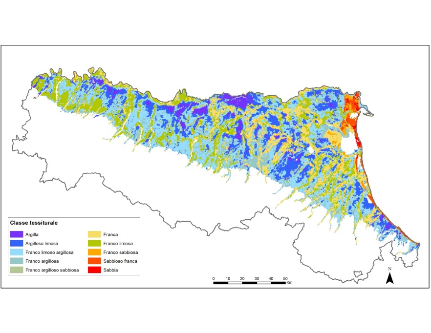 Distribuzione geografica dei suoli della pianura emiliano-romagnola in base alla classe tessiturale USDA dominante dello strato 0-30 cm (2015)