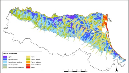 Figura 1: Distribuzione geografica dei suoli della pianura emiliano-romagnola in base alla classe tessiturale USDA dominante dello strato 0-30 cm (2015)