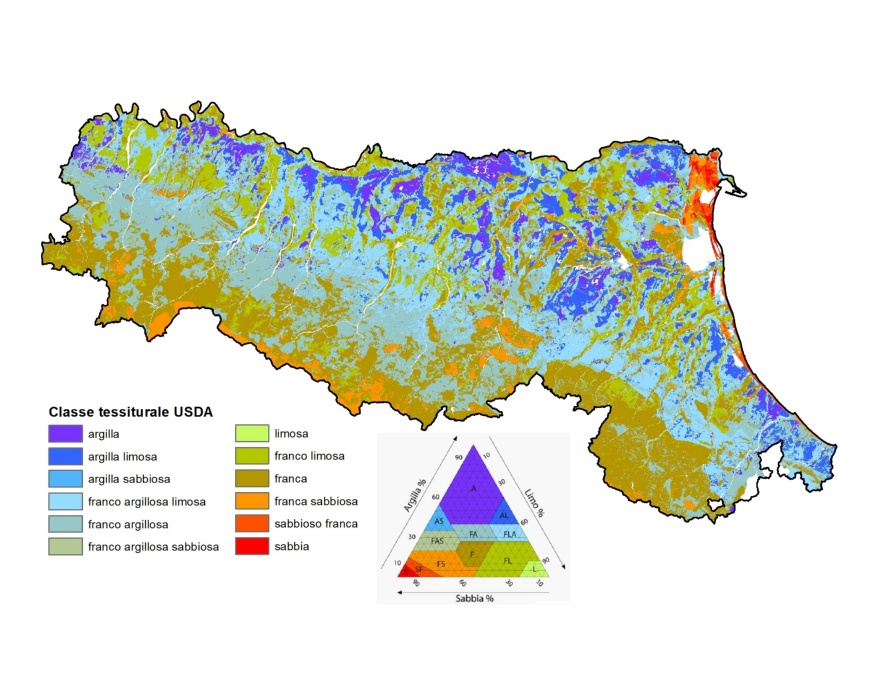 Distribuzione geografica dei suoli della pianura emiliano-romagnola in base alla classe tessiturale USDA dominante dello strato 0-30 cm (2023)