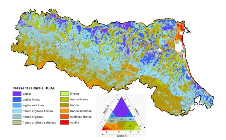 Figura 1: Distribuzione geografica dei suoli della pianura emiliano-romagnola in base alla classe tessiturale USDA dominante dello strato 0-30 cm (2023)