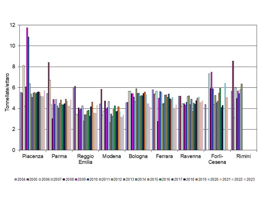 Andamento temporale del carico (tonnellate/ettaro) di fanghi (S.S.) di depurazione distribuiti per provincia (2004-2023)