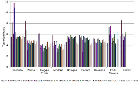 Figura 7: Andamento temporale dei carico unitario (tonnellate di sostanza secca per ettaro) di fanghi di depurazione distribuiti nelle province dell'Emilia-Romagna (2004-2024)