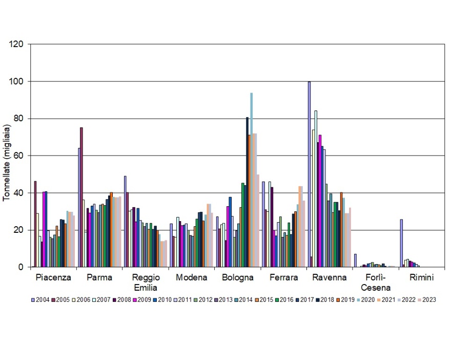 Andamento temporale dei quantitativi (tonnellate) di fanghi (tal quale) distribuiti, per provincia (2004-2023)