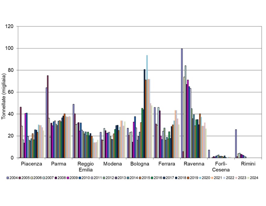 Andamento temporale dei quantitativi (tonnellate) di fanghi (tal quale) distribuiti, per provincia (2004-2024)