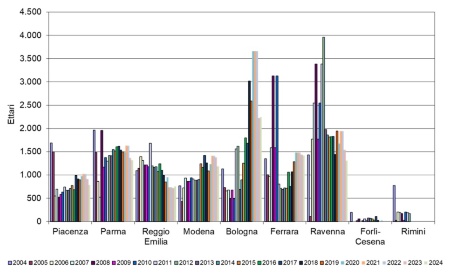 Figura 6: Andamento temporale delle superfici (ettari) destinate alla fertilizzazione organica, attraverso l’utilizzo dei fanghi di depurazione, per provincia (2004-2024)